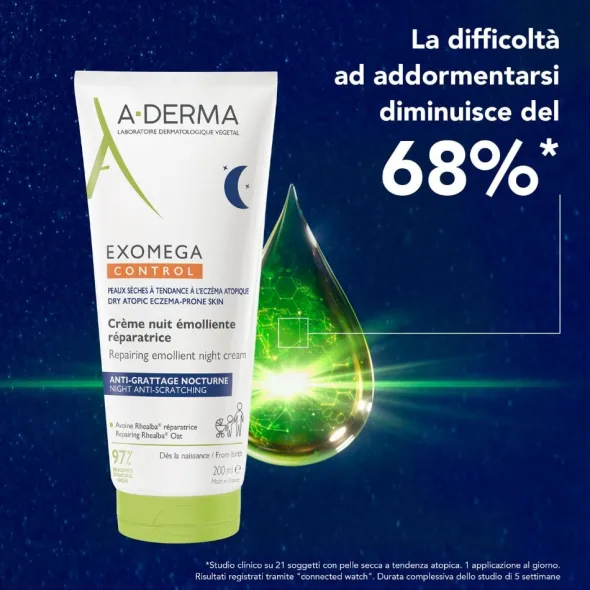 A-Derma Exomega Control Crema Notte emolliente ristrutturante, Lenisce la sensazione di prurito notturno, aiuta a ritrovare il sonno, Pelle secca a tendenza atopica, 200ml