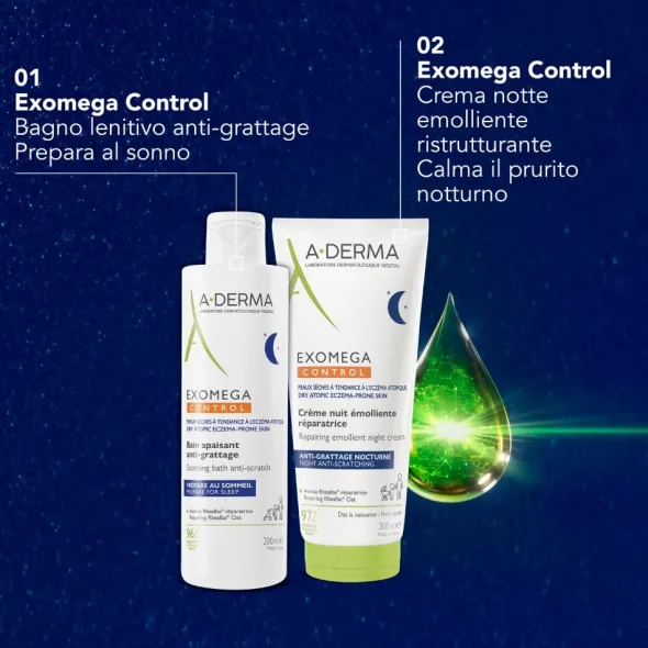 A-Derma Exomega Control Crema Notte emolliente ristrutturante, Lenisce la sensazione di prurito notturno, aiuta a ritrovare il sonno, Pelle secca a tendenza atopica, 200ml