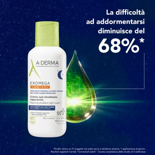 A-Derma Exomega Control Crema Notte emolliente ristrutturante, Lenisce la sensazione di prurito notturno, aiuta a ritrovare il sonno, Pelle secca a tendenza atopica, 400ml