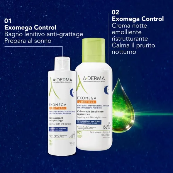 A-Derma Exomega Control Crema Notte emolliente ristrutturante, Lenisce la sensazione di prurito notturno, aiuta a ritrovare il sonno, Pelle secca a tendenza atopica, 400ml