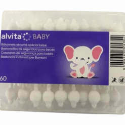 Bastoncini Cotonati Alvita Baby con punta sagomata, 60 pezzi