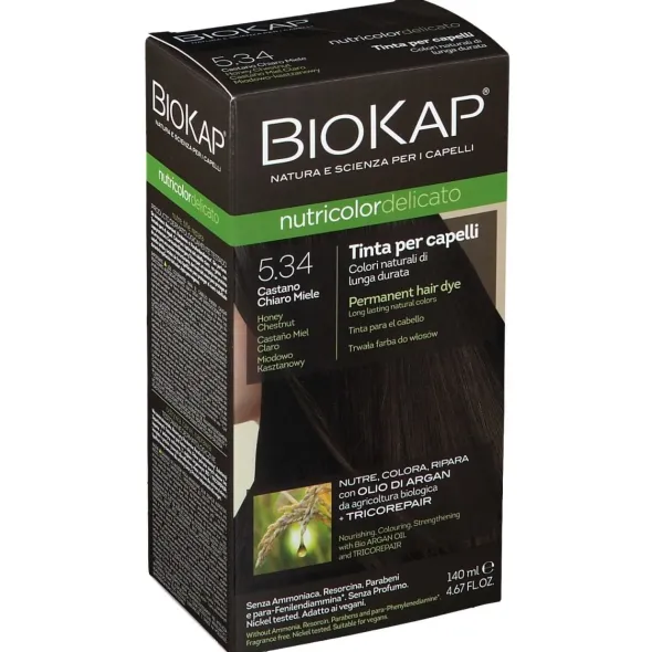 BIOKAP NUTRICOLOR DELICATO 5,34 CASTANO CHIARO MIELE TINTA TUBO + FLACONE