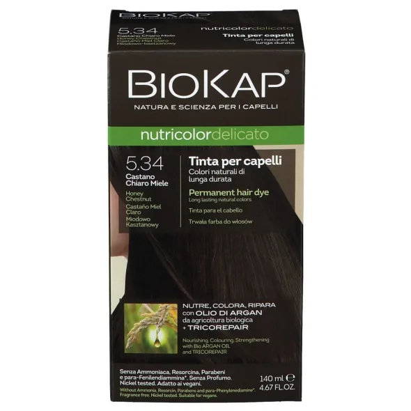 BIOKAP NUTRICOLOR DELICATO 5,34 CASTANO CHIARO MIELE TINTA TUBO + FLACONE
